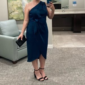 Blue Ruched Sleeveless One Shoulder Wrap Satin Belted Midi Dress size XL